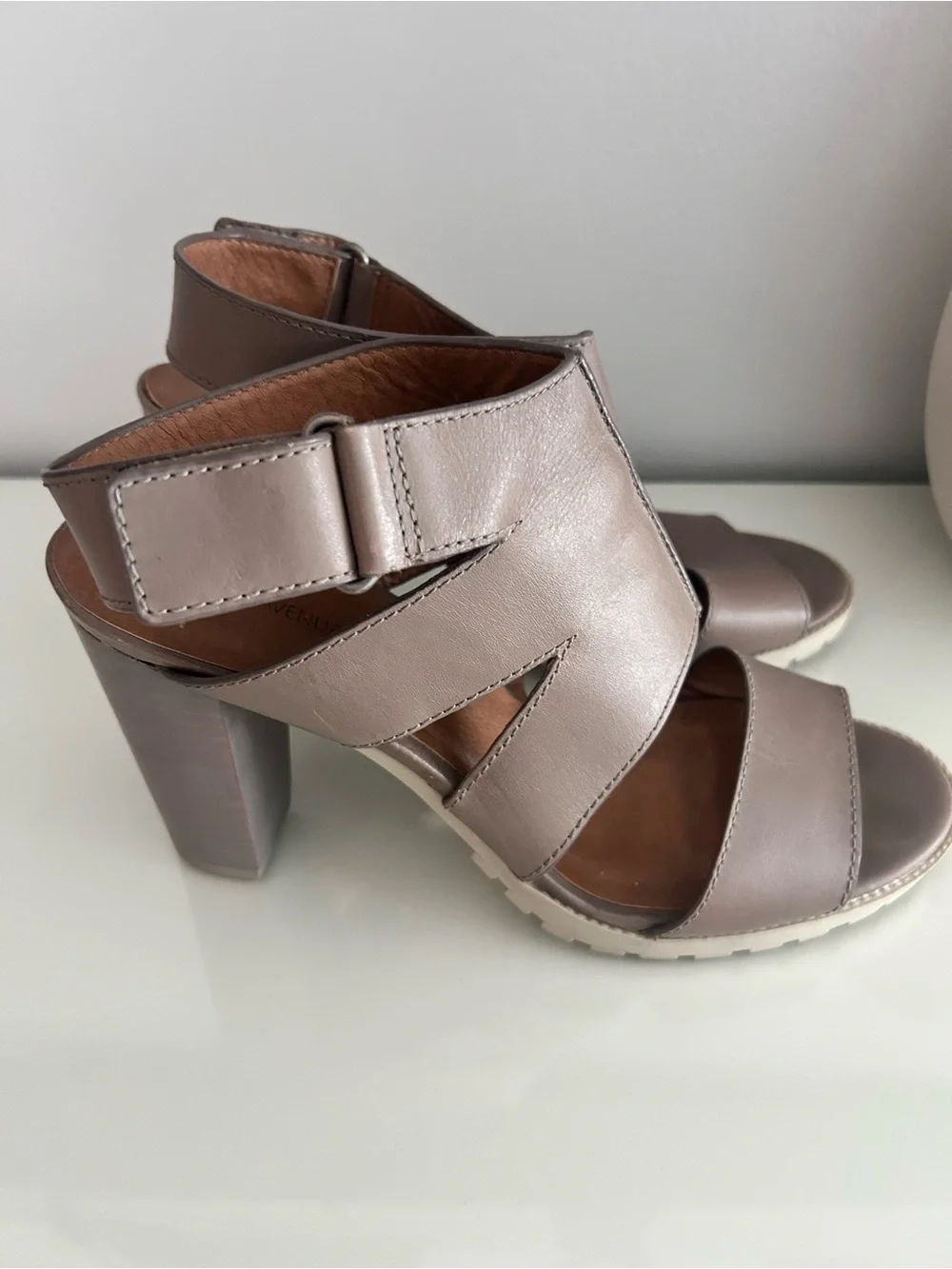 Saks Fifth Avenue Taupe Leather Block Heel Sandals
